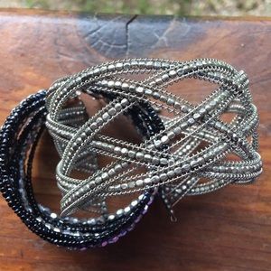 Dressy Black and Silver Cuff Seed Bead Stylish Fashion Bracelets Pair of Two